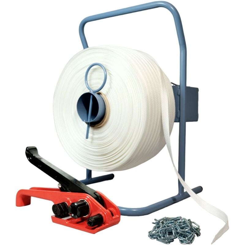 Kit 1 Feuillard de cerclage tressé KFT2 16 mm x 850 m + 1 tendeur offert + 1 dévidoir + boucles - Résistance 450kg - Tecplast