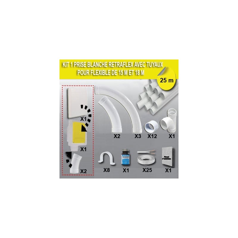 Atepac - Kit 1 prise retraflex blanche nouvelle génération, 20% plus petit que le premier modèle - longueur de tuyaux au choix (15m et 25m) - 25m