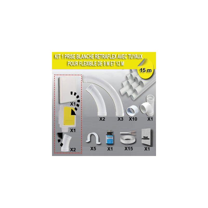 Kit 1 prise retraflex blanche nouvelle génération, 20% plus petit que le premier modèle - longueur de tuyaux au choix (15m et 25m) - 15m