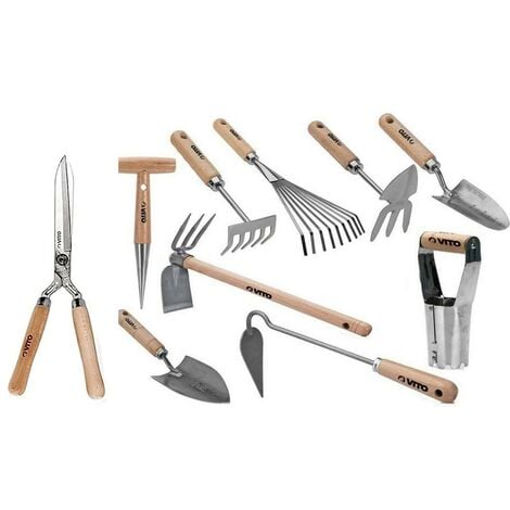 Kit 10 outils de jardin Manche bois Inox et Fer forgés à la main haute qualité traditionnelle VITO