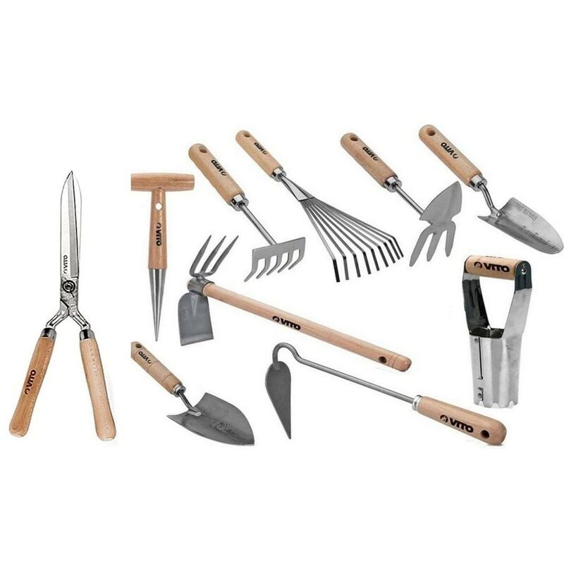 Kit 10 outils de jardin Manche bois Inox et Fer forgés à la main Haute qualité Vito