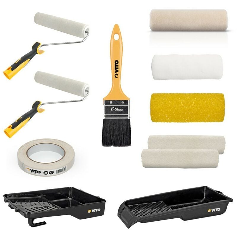 Kit 10 Outils Peinture 2 bacs peinture 2 rouleaux + 5 recharges + pinceau plat + ruban de masquage Vito
