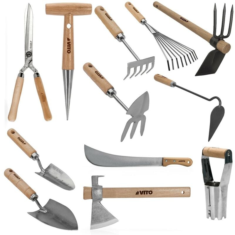 Kit 12 outils de jardin Manche bois Inox et Fer forgés à la main haute qualité traditionnelle Vito