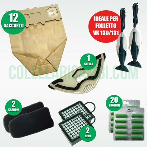 Kit 12 Sacchetti 20 Profumi 2 Filtri Carbone Attivo 2 Hepa 1 Setola Folletto  VK130 VK131