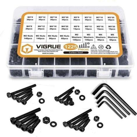 Kit 1225 Pièces Boulons Hexagonaux M2 M3 M4 M5 Acier Carbone Avec Écrous Assortiment Noir