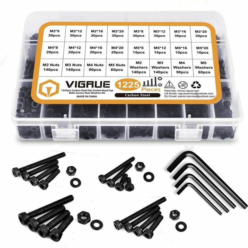 Kit 1225PCS M2 M3 M4 M5 en Acier au Carbone Bouton à tête hexagonale Socket Tête Câble Boulons Vis avec écrous Assortiment (Noir)