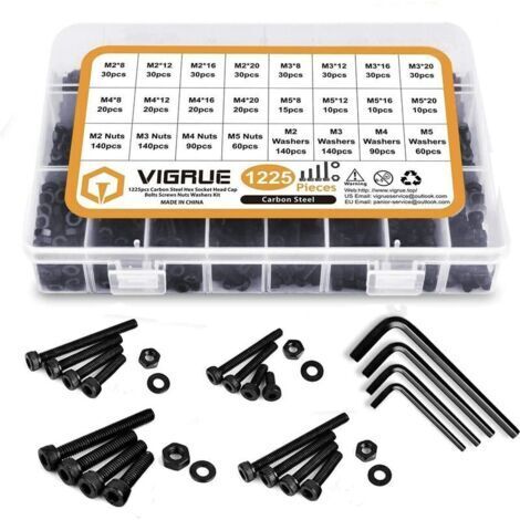 Kit 1225PCS M2 M3 M4 M5 en Acier au Carbone Bouton à tête hexagonale Socket Tête Câble Boulons Vis avec écrous Assortiment (Noir)