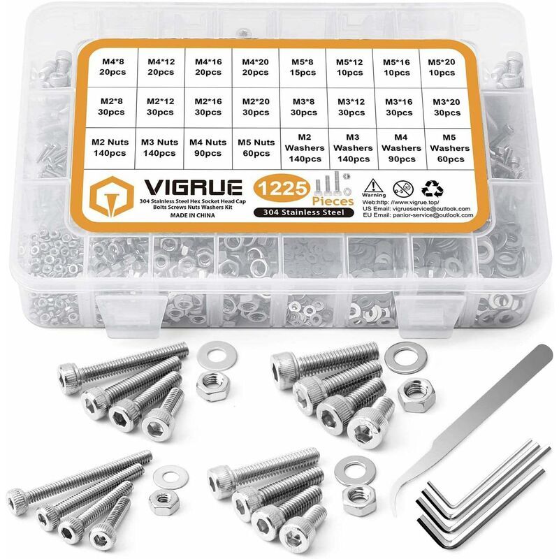 Kit 1225PCS M2 M3 M4 M5 en Acier inoxydable Bouton à tête hexagonale Socket Tête Câble Boulons Vis avec écrous Assortiment(Argent),