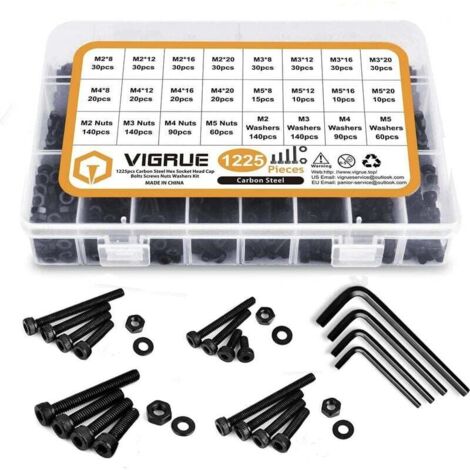 Kit 1225PCS M2 M3 M4 M5 Tornillos de cable con cabeza hexagonal de acero al carbono con surtido de tuercas (negro)