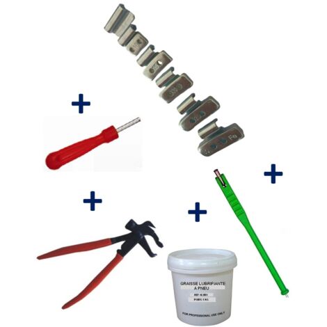 Equipement Express Sicoba – Kit de 150 plombs à frapper pour équilibrage jantes alu 5-30g – Tire valve, démonte obus, graisse pneu 1kg, pince marteau