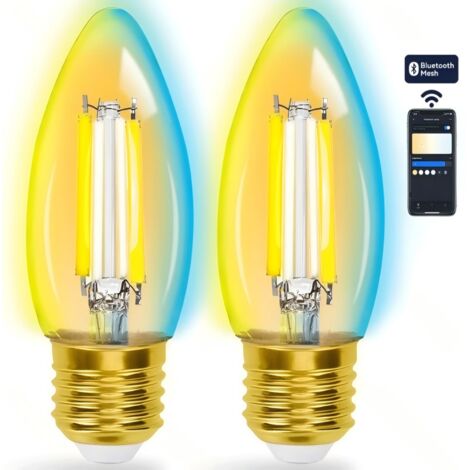 Kit 2 Ampoules Bluetooth intelligentes en maille C35 E27 4,5W, ampoule en forme de bougie ambre + télécommande