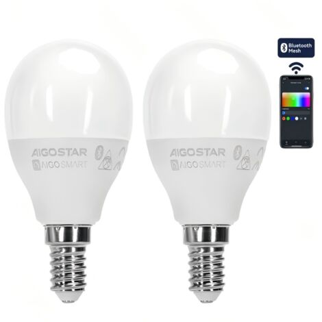 Kit 2 ampoules intelligentes Bluetooth en maillage Aigostar G45 E14 6,5W RGB+CCT, avec télécommande