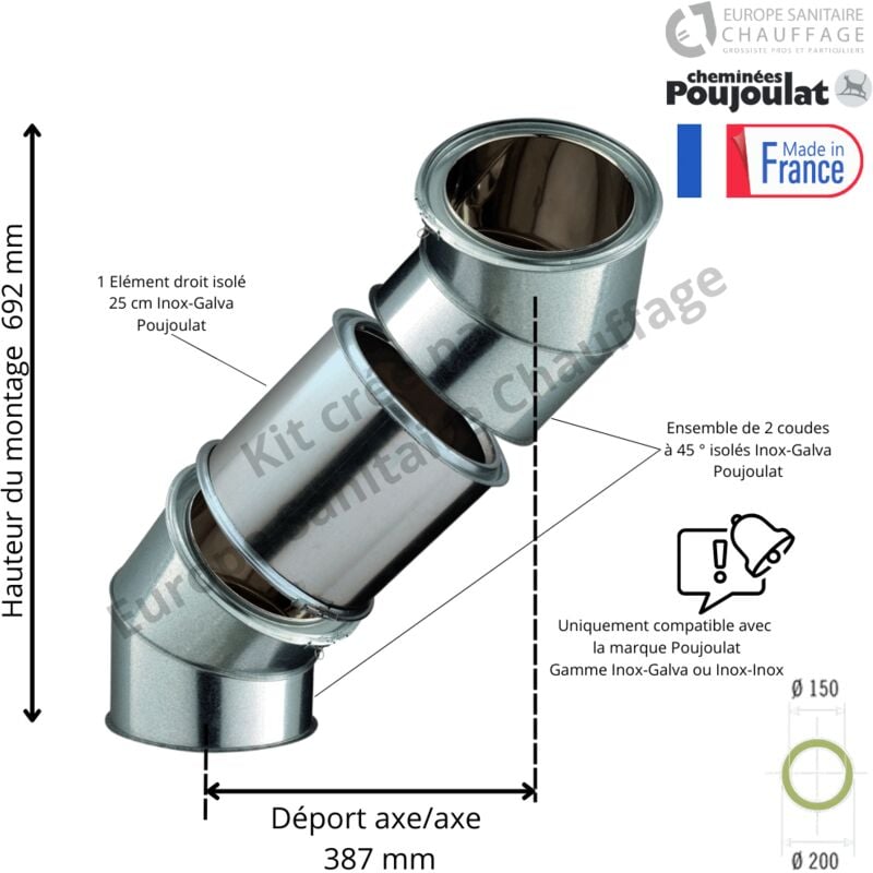 Poujoulat - Kit 2 coudes à 45 degrés + 25 cm Inox-Galva Diamètre 150