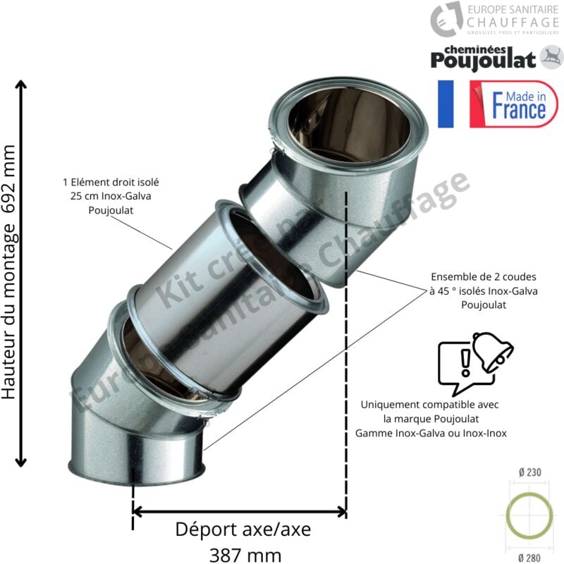 Kit 2 coudes à 45 degrés + 25 cm Inox-Galva Poujoulat Diamètre 230
