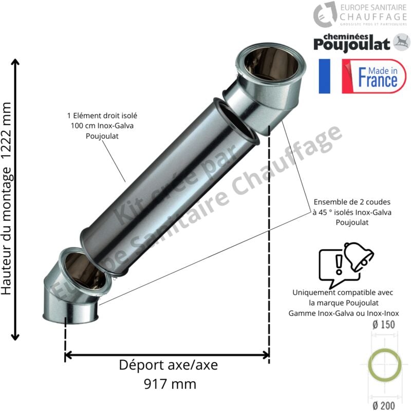 Kit 2 coudes à 45 degrés + 95 cm Inox-Galva Poujoulat Diamètre 150