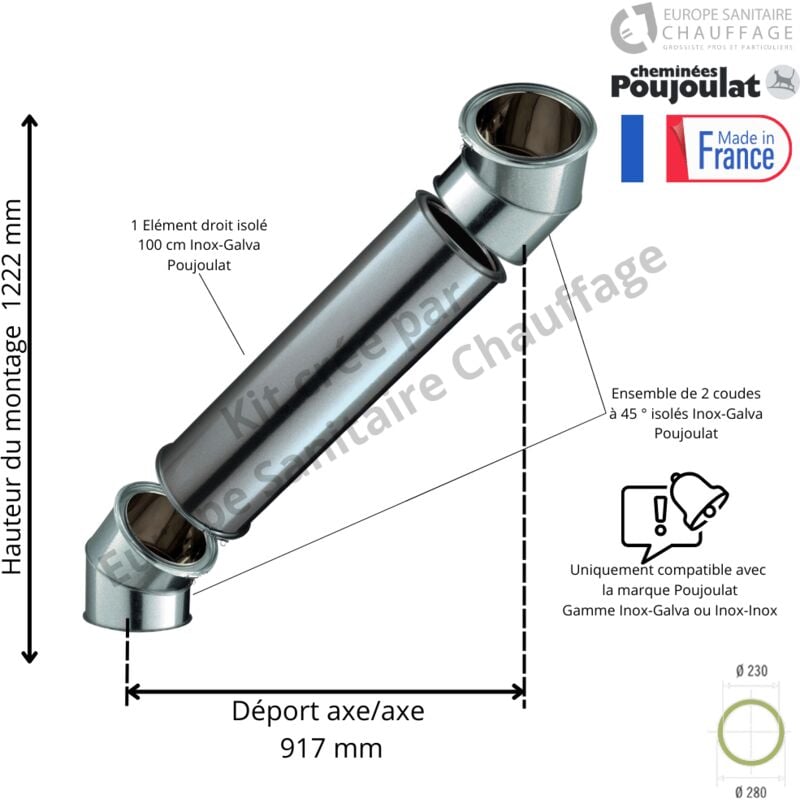 Poujoulat - Kit 2 coudes à 45 degrés + 95 cm Inox-Galva Diamètre 230