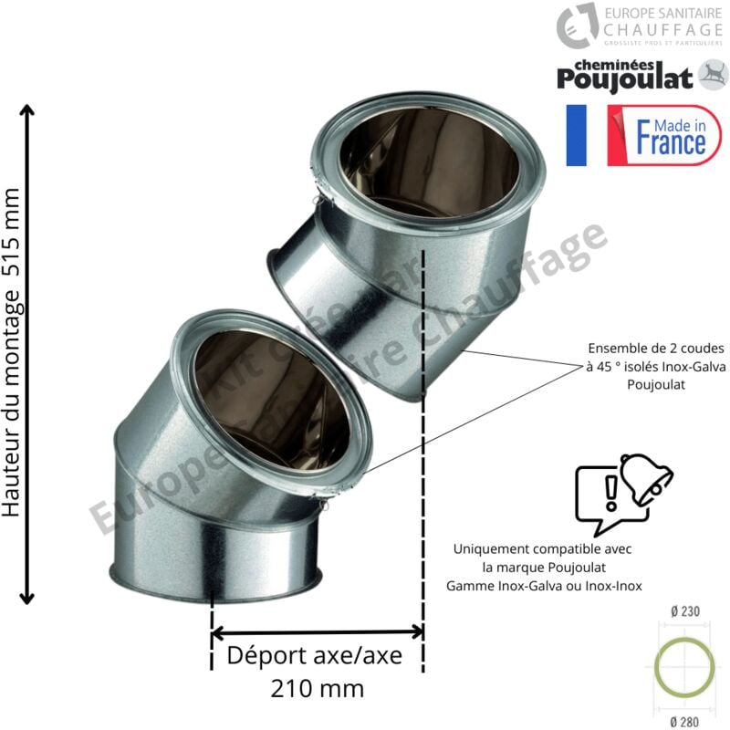 Poujoulat - Kit 2 coudes à 45 degrés Inox-Galva Diamètre 230