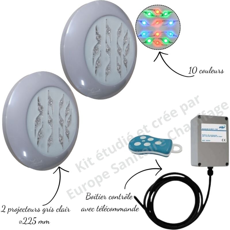 Kit 2 projecteurs couleur Easyled Evo gris clair + télécommande avec boitier pour piscine Béton, Panneau, Liner,Coque Weltico