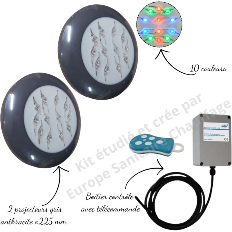 Kit 2 projecteurs couleur Easyled Evo gris foncé + télécommande avec boitier pour piscine Béton, Panneau, Liner,Coque Weltico