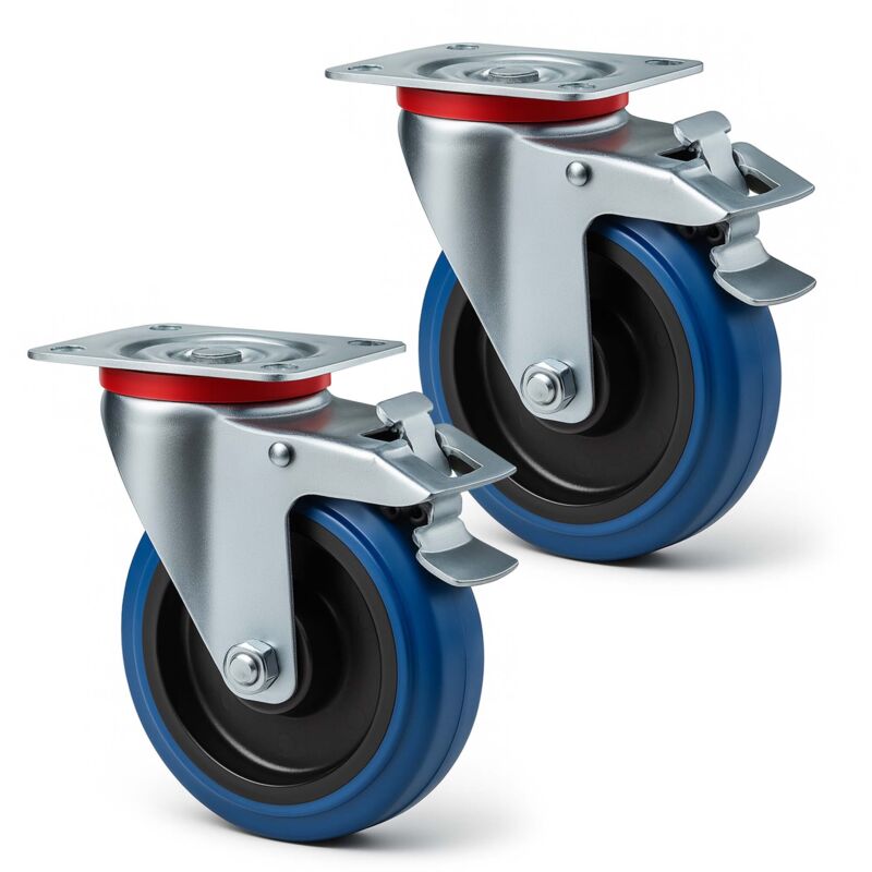 Wiltec - Jeu 2x Roulette pivotante en plastique – ø 100 mm – Capacité de charge 150 kg – Roue avec blocage total et Plaque de montage – Transport
