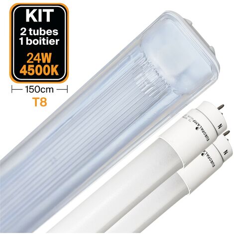Kit 2 Tubes LED T8 24W Blanc Froid + Boitier Etanche 150cm - Blanc Froid 6000K