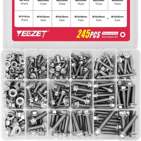 kit 245 pièces boulons écrous à bride m6 m8 m10, acier inoxydable 304, 15 tailles métriques, pour réparation électroménager auto bricolage
