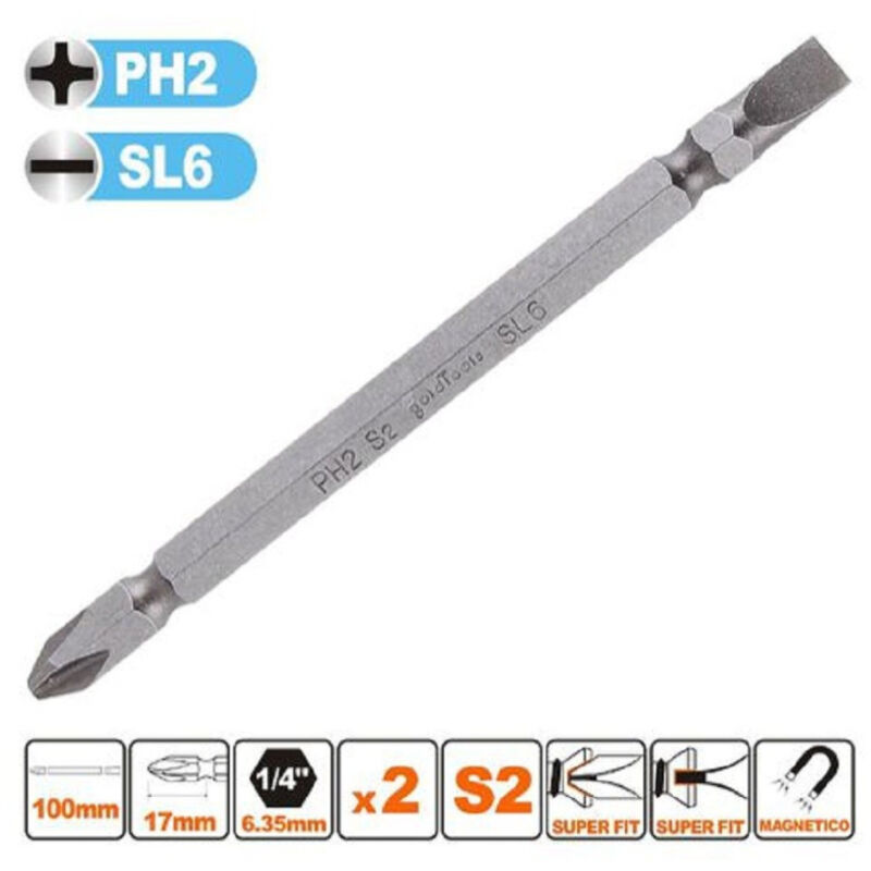 Image of Trade Shop Traesio - Trade Shop - satz 2 stück 100MM doppelbits PH2 + SL6 bit S2 magnetbit 57244 -