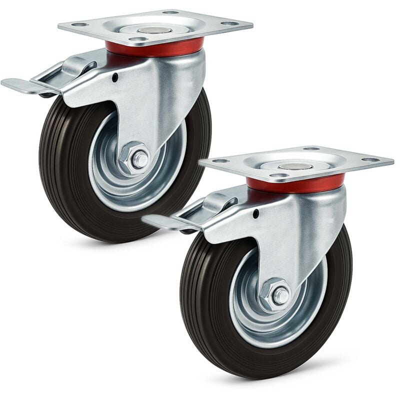 Wiltec - Jeu 2x Roulette pivotante Blocage double – ø 160 mm – Capacité 130 kg – en Caoutchouc – Roue avec Frein et Plaque de montage – Transport