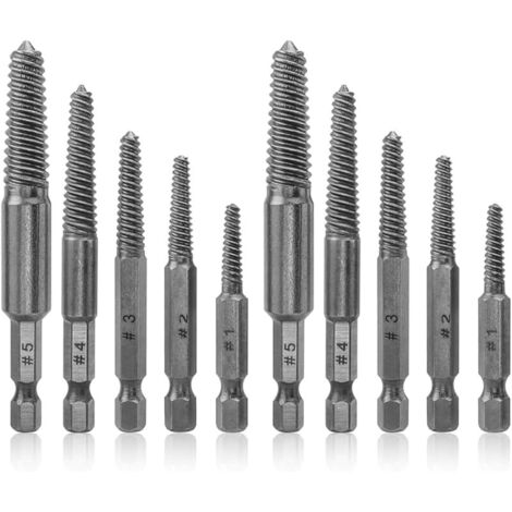 Kit 2x5pcs Extracteurs de Vis/Goujons Endommagés - Professionnel en Acier Trempé Tige Hexagonale - Retrait Rapide pour Perceuse sur Métal/Bois/Plastique