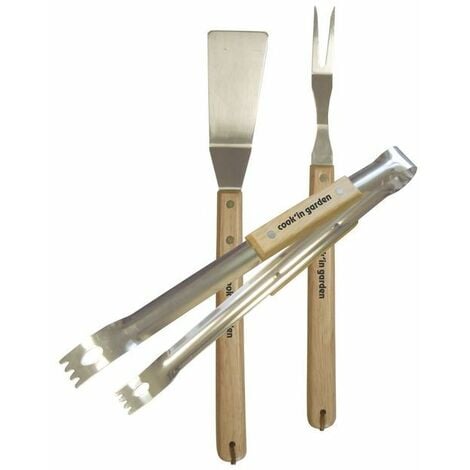 Kit 3 accessoires barbecue : pince + fourchette + spatule inox et bois Cook'In Garden