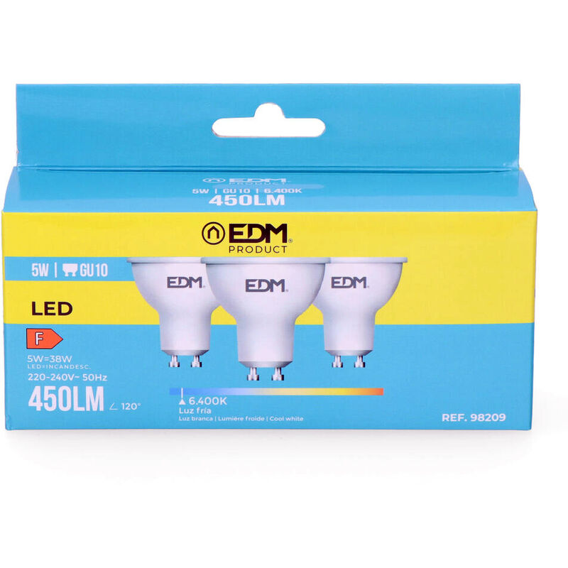 

EDM Kit 3 bombillas dicroicas led gu10 5w 450 lm 6400k luz fria edm