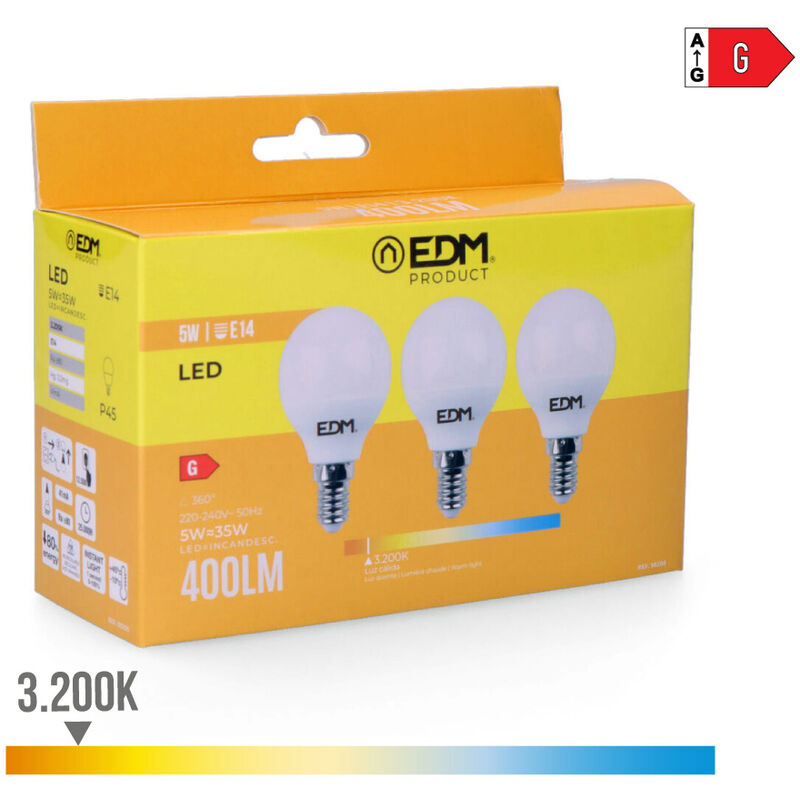 

EDM Kit 3 bombillas esfericas led e14 5w 400 lm 3200k luz calida edm