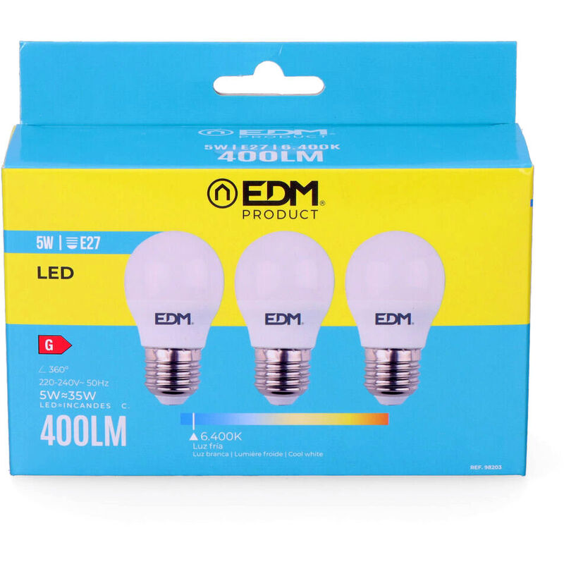 

Kit 3 bombillas esfericas led e27 5w 400 lm 6400k luz fria - EDM