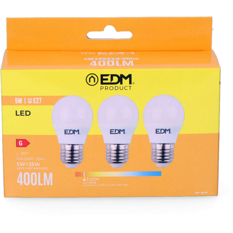

Kit 3 bombillas esfericas led e27 5w 400 lm 3200k luz calida - EDM