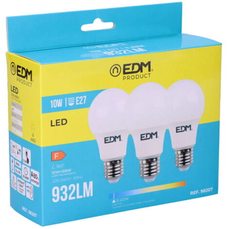 Kit 3 Bombillas LED EDM Estándar E27 10W 932lm 6400K Luz Fría Ø6x10,8cm