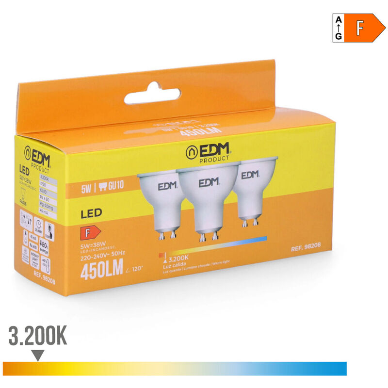 

Kit 3 bombillas dicroicas led gu10 5w 450 lm 3200k luz calida - EDM