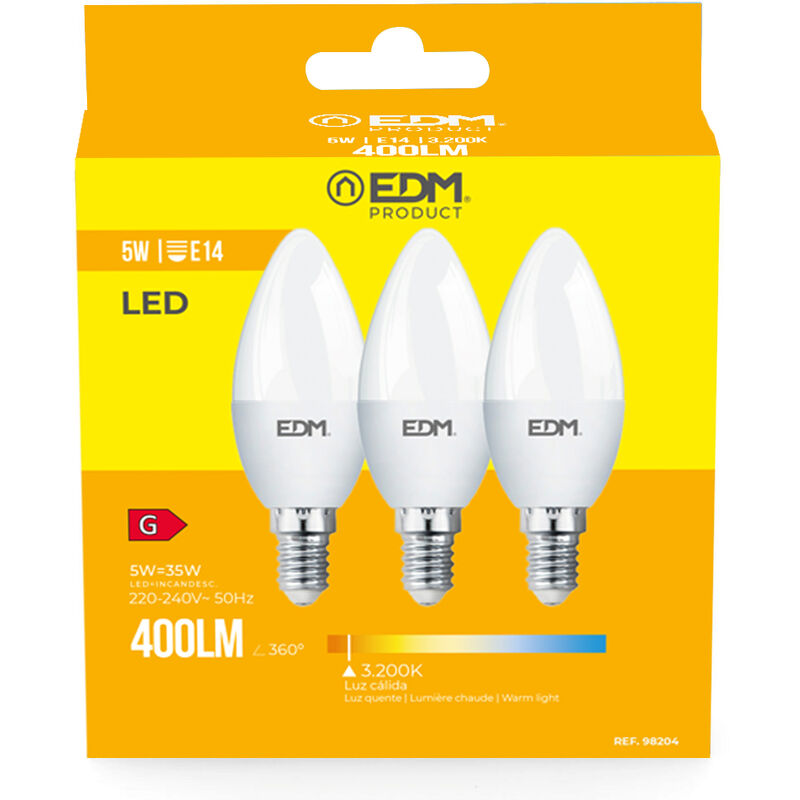 

EDM Kit 3 bombillas vela led e14 5w 400 lm 3200k luz calida edm