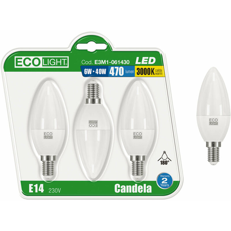 Kit 3 bulbes LED olive e14 ecolight 6W 3000K - Calda Kit 3 bulbes LED olive e14 ecolight 6W 3000K - Calda