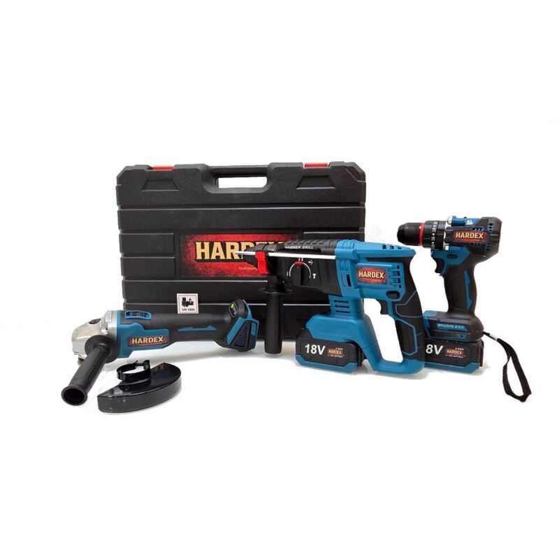 Kit 3 en 1 HARDEX: Taladro atornillador de 45 Nm, taladro percutor SDS+ de 26 mm, amoladora angular de 125 mm, 2 baterías de 4,0 Ah