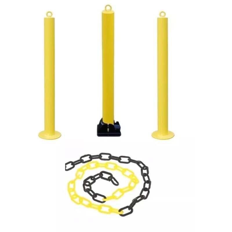 Kit 3 grands poteaux jaune/noir 900-76-Y fixes/rabattable avec oeillets & 8 mètres de chaine plastique
