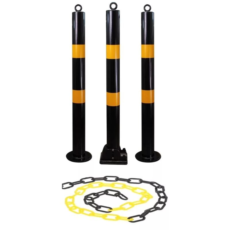 Kit 3 grands poteaux noir/jaune 900-76-BY fixes/rabattable avec oeillets & 8 mètres de chaine plastique