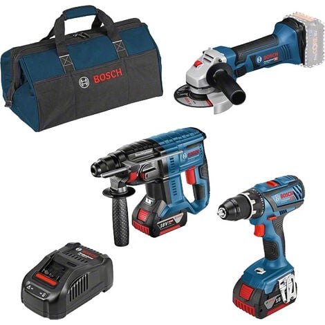 Kit 3 herramientas BOSCH taladro, punzón, amoladora + 2 batt. GBA18V 5.0AH + cargador GAL1880 + Bolsa - 0615990M0W