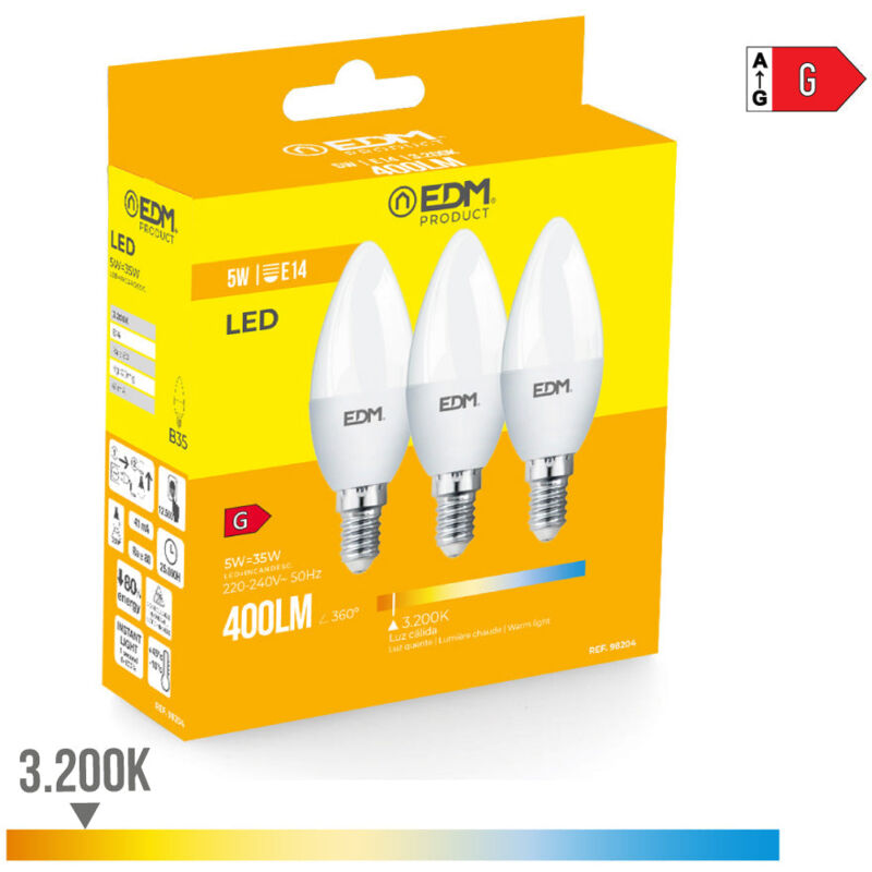 Image of EDM - Set di 3 lampadine led E14 5W Fiamma equivalente a 50W - Bianco caldo 3200K