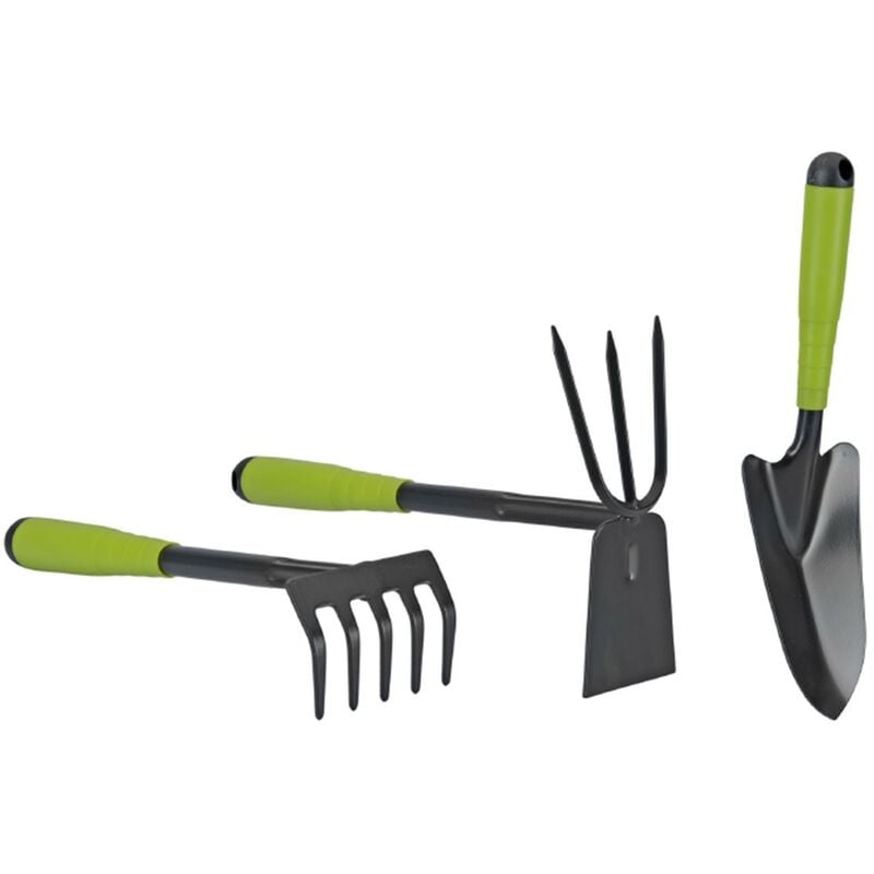 Kit 3 outils de jardin en acier renforcé Manche plastique Serfouette Transplantoir Rateau Itools green
