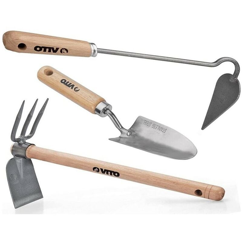 Vito - Kit 3 outils de jardin Manche bois Inox et Fer forgés à la main haute qualité traditionnelle