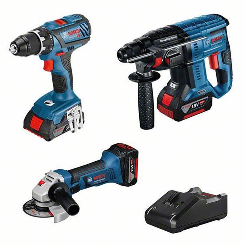 Bosch - Pack 3 outils 18V - Perceuse gsr 18V-28 + Meuleuse gws 18 125 v-li + Perfo gbh 18V-20 avec 2 batteries 4Ah, 1 batterie 3,0Ah - chargeur