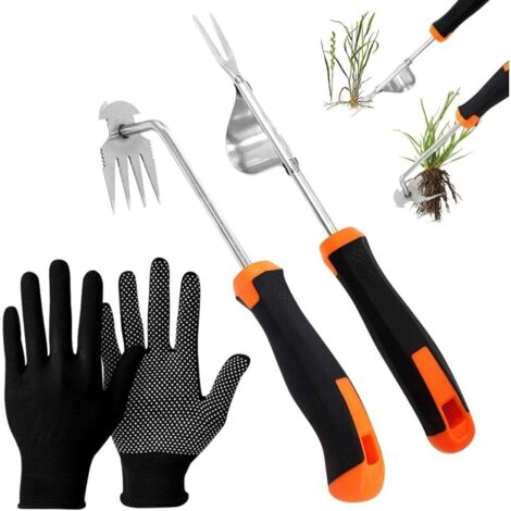 Kit 3 Pièces Desherbeur Manuel Acier Inoxydable, Outil de Désherbage Manuel, Râteau de Désherbage 4 Dents, Arrache Mauvaise Herbe pour Creuser Désherber Ameublir