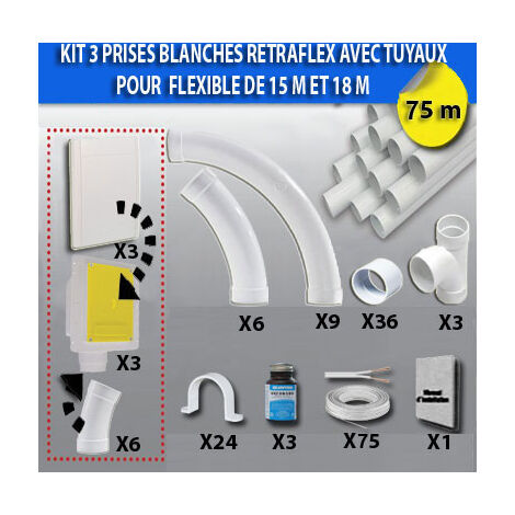 Kit 3 prises RETRAFLEX blanches nouvelle génération, 20% plus petit que le premier modèle - longueur de tuyaux au choix (45m et 75m) - 75m