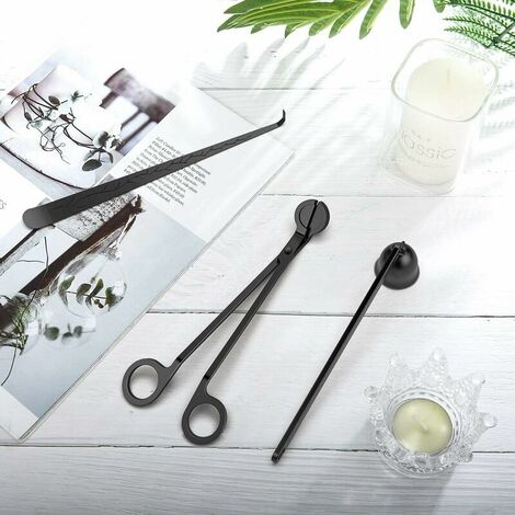 Kit 3 Set dundefinedCandle Accessories, Stainless Steel Tool Kit with Candle Snuffer, Wick Cutter and Hook, Stylish Gift for Candle Lovers, 3 pieces - Black