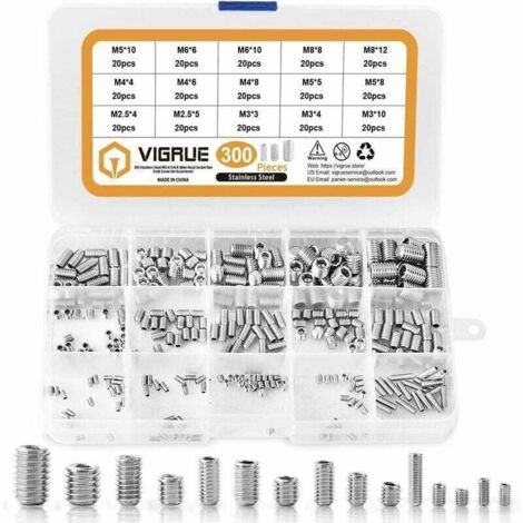 Kit 300 Stück M2,5 M3 M4 M5 M6 M8 Innensechskant-Gewindestifte, Sortimentssatz, Innensechskant-Set aus Edelstahl